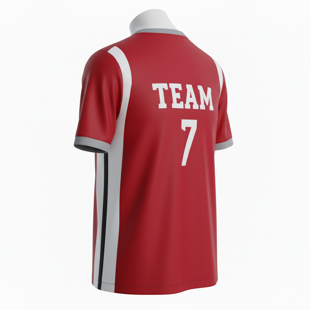 Back view of custom v-neck soccer jersey showing player name arched above the player number