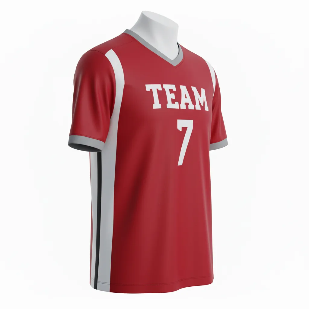 Front view of custom v-neck soccer jersey showing modern V-neckline in 160 GSM polyester interlock. Empire Five Athletics