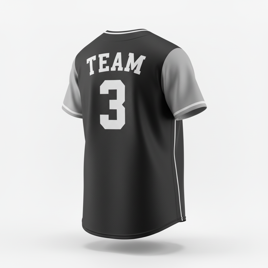Back view of custom crew-neck softball jersey showing the player name arched above a large back number