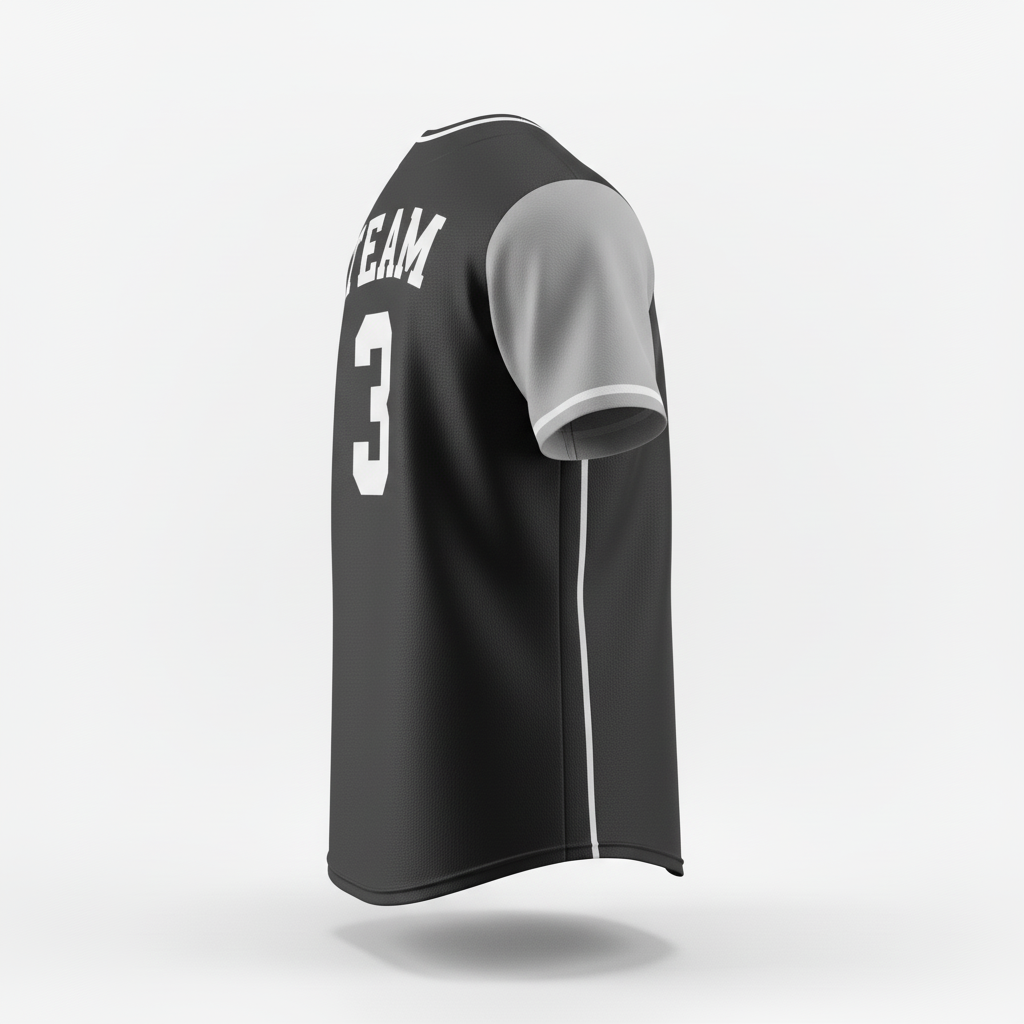 Side view of custom crew-neck softball jersey showing the set-in sleeve and double-knit body