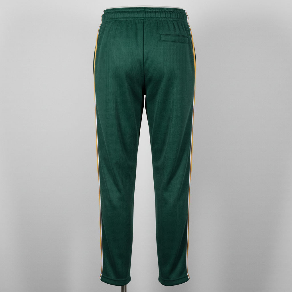 Back view of custom elastic-bottom softball pants showing the belt-loop waistband and tapered cuffed leg
