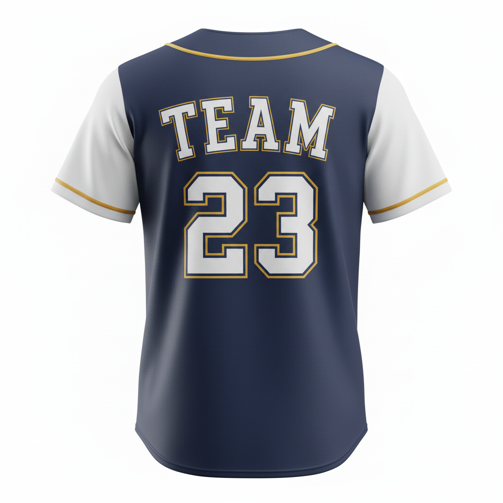 Back view of custom full-button softball jersey showing the player name arched above a large back number