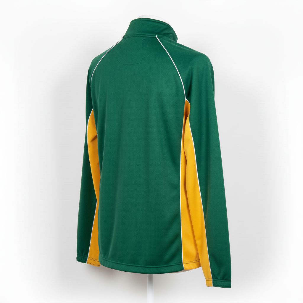 Back view of custom full-zip softball batting jacket showing the full-panel sublimation area for a team mark and ribbed hem