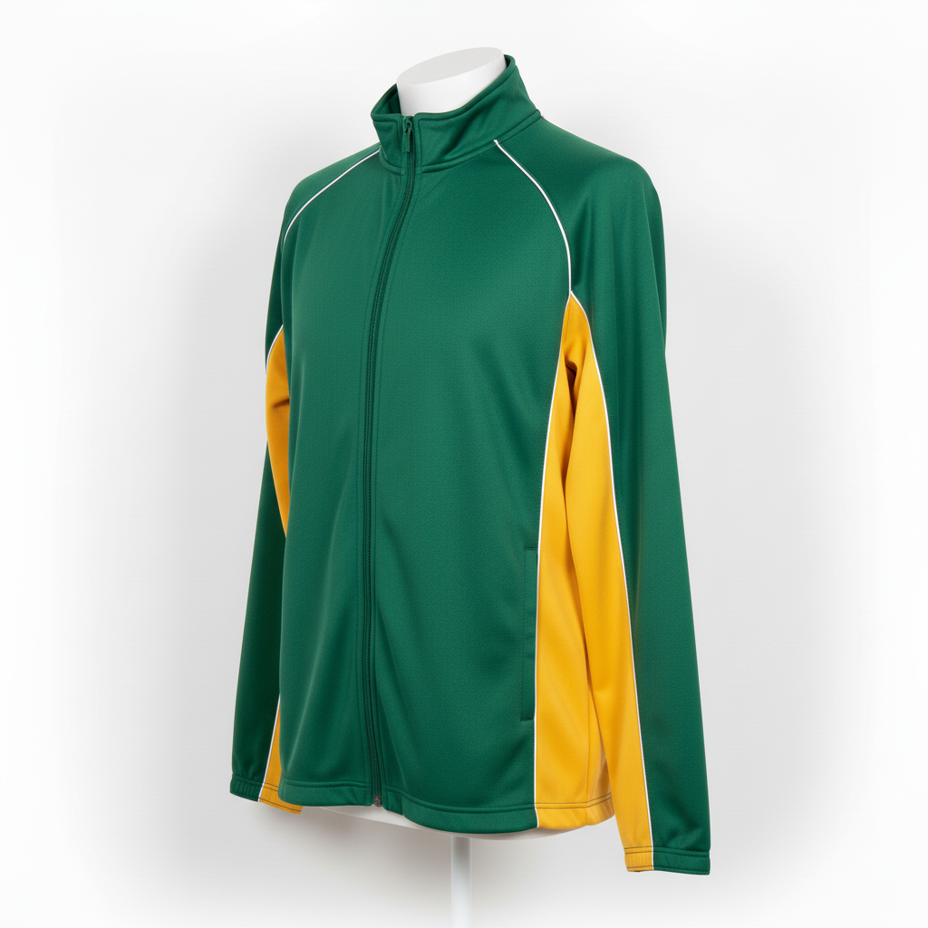 Front view of custom full-zip softball batting jacket in lightweight polyester tricot with full-zip front, ribbed cuffs, and sublimated team colorway from Empire Five Athletics