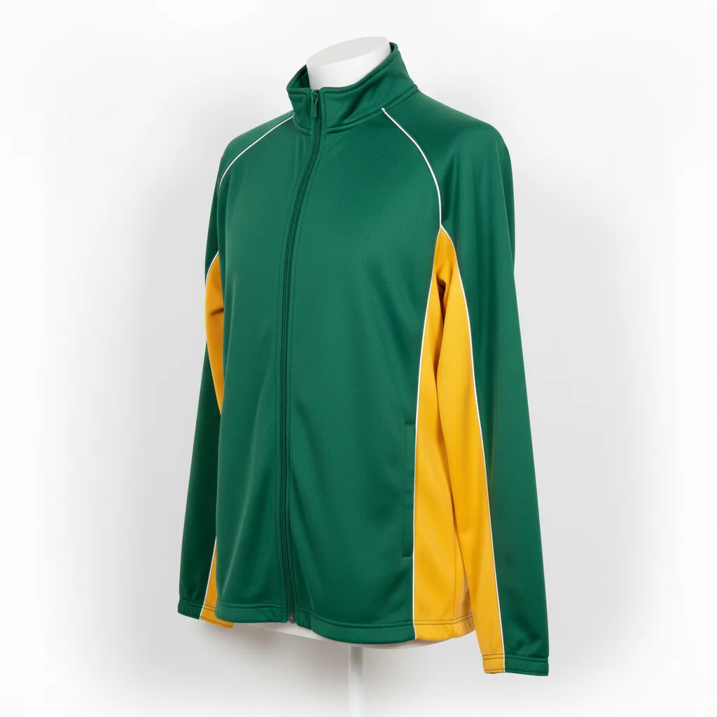 Front view of custom full-zip softball batting jacket in lightweight polyester tricot with full-zip front, ribbed cuffs, and sublimated team colorway from Empire Five Athletics