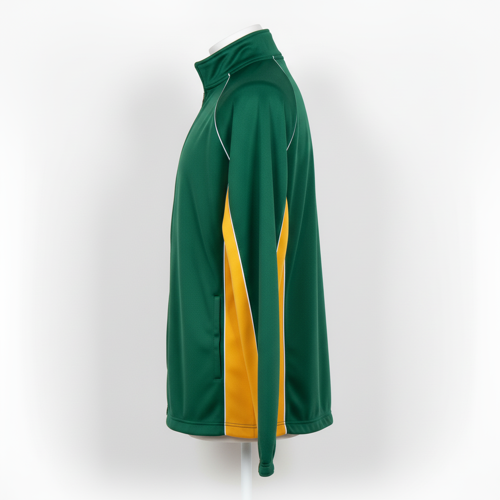 Side view of custom full-zip softball batting jacket showing the hip-length active cut, full sleeve sublimation, and ribbed cuff
