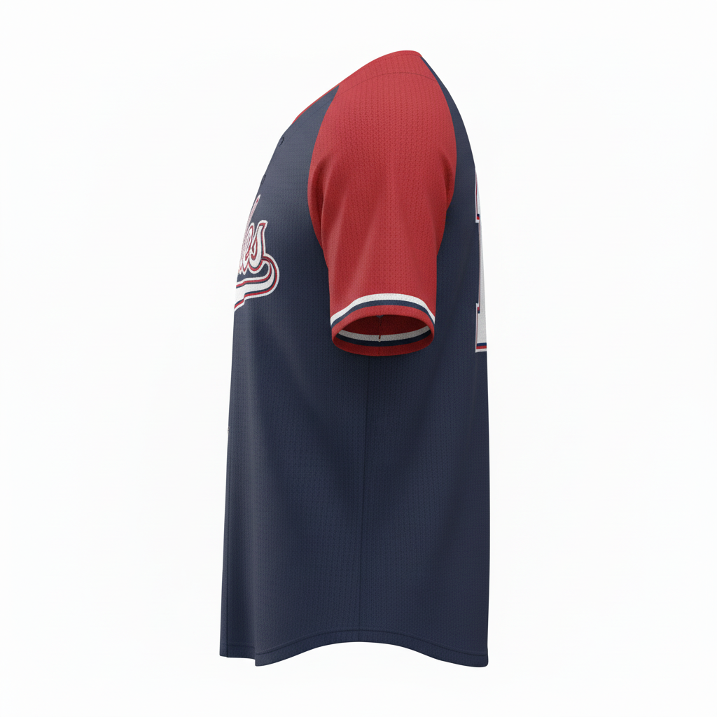 Side view of custom mesh softball jersey showing the open mesh weave and set-in sleeve