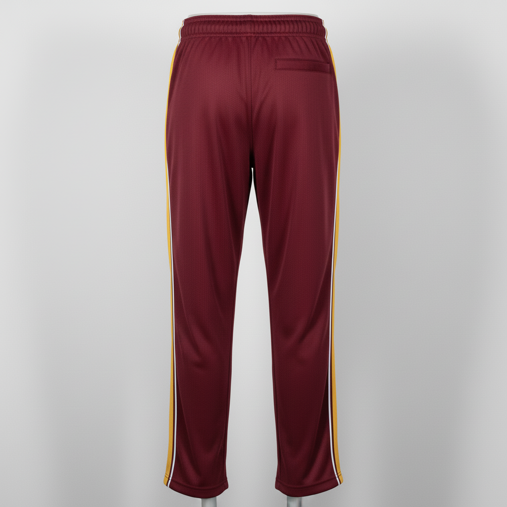 Back view of custom open-bottom softball pants showing the belt-loop waistband and full-length open leg