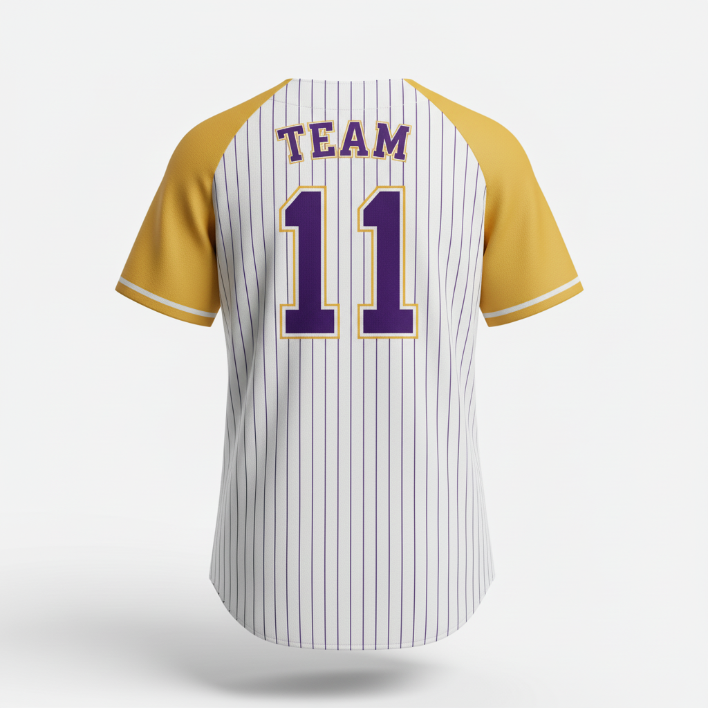 Back view of custom pinstripe softball jersey showing the player name arched above a large back number over the pinstriped body