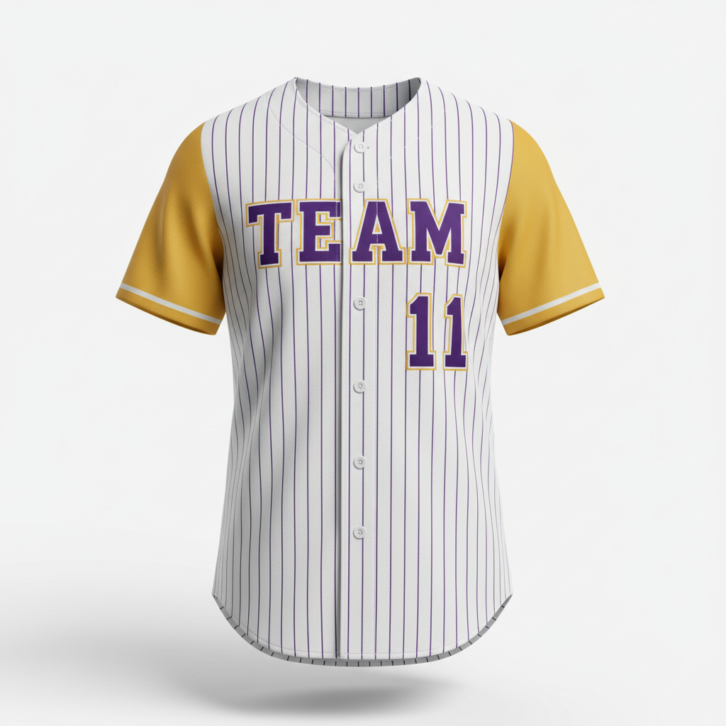 Front view of custom pinstripe softball jersey with vertical sublimated pinstripes and a tackle-twill chest wordmark in 200 GSM polyester double-knit from Empire Five Athletics