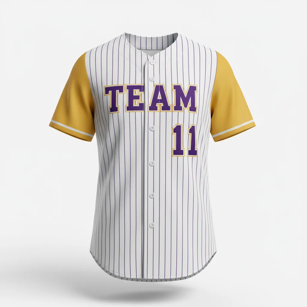 Front view of custom pinstripe softball jersey with vertical sublimated pinstripes and a tackle-twill chest wordmark in 200 GSM polyester double-knit from Empire Five Athletics