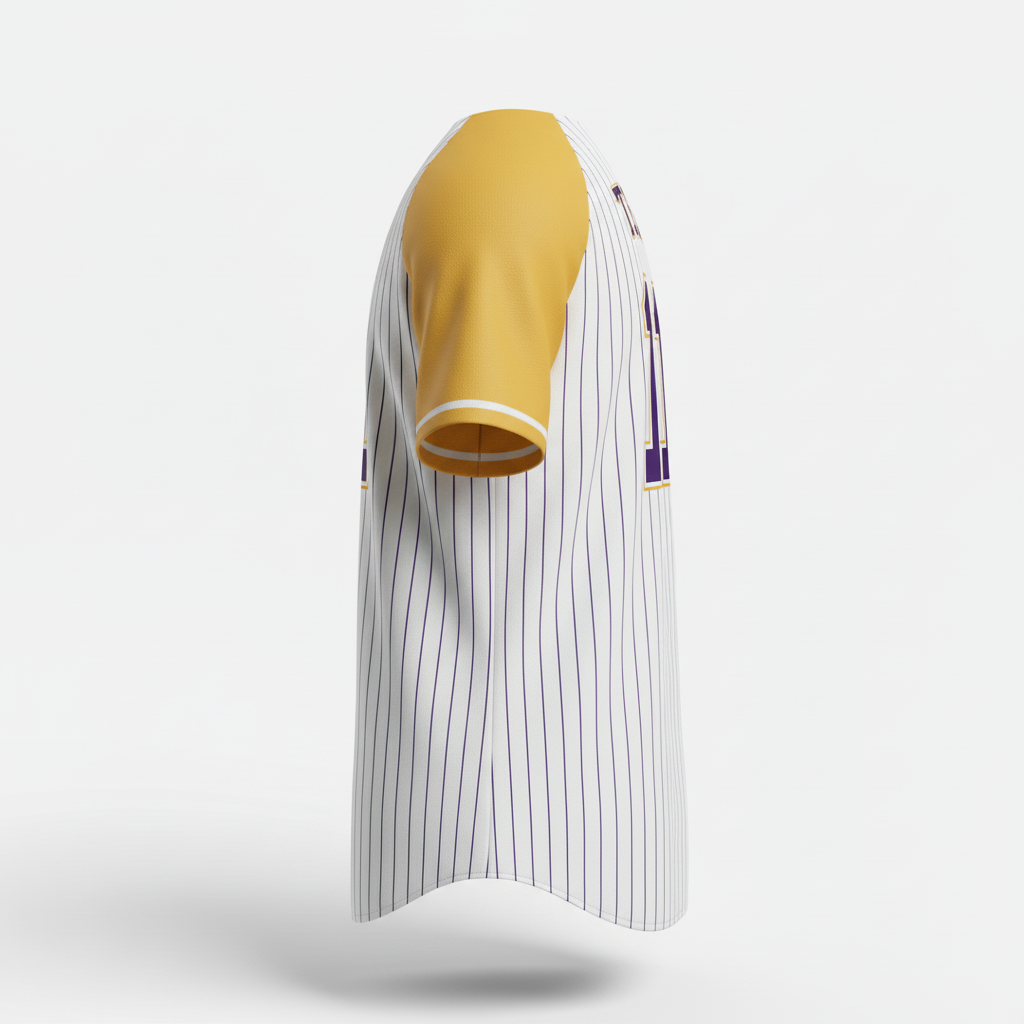 Side view of custom pinstripe softball jersey showing the straight vertical pinstripes and double-knit body