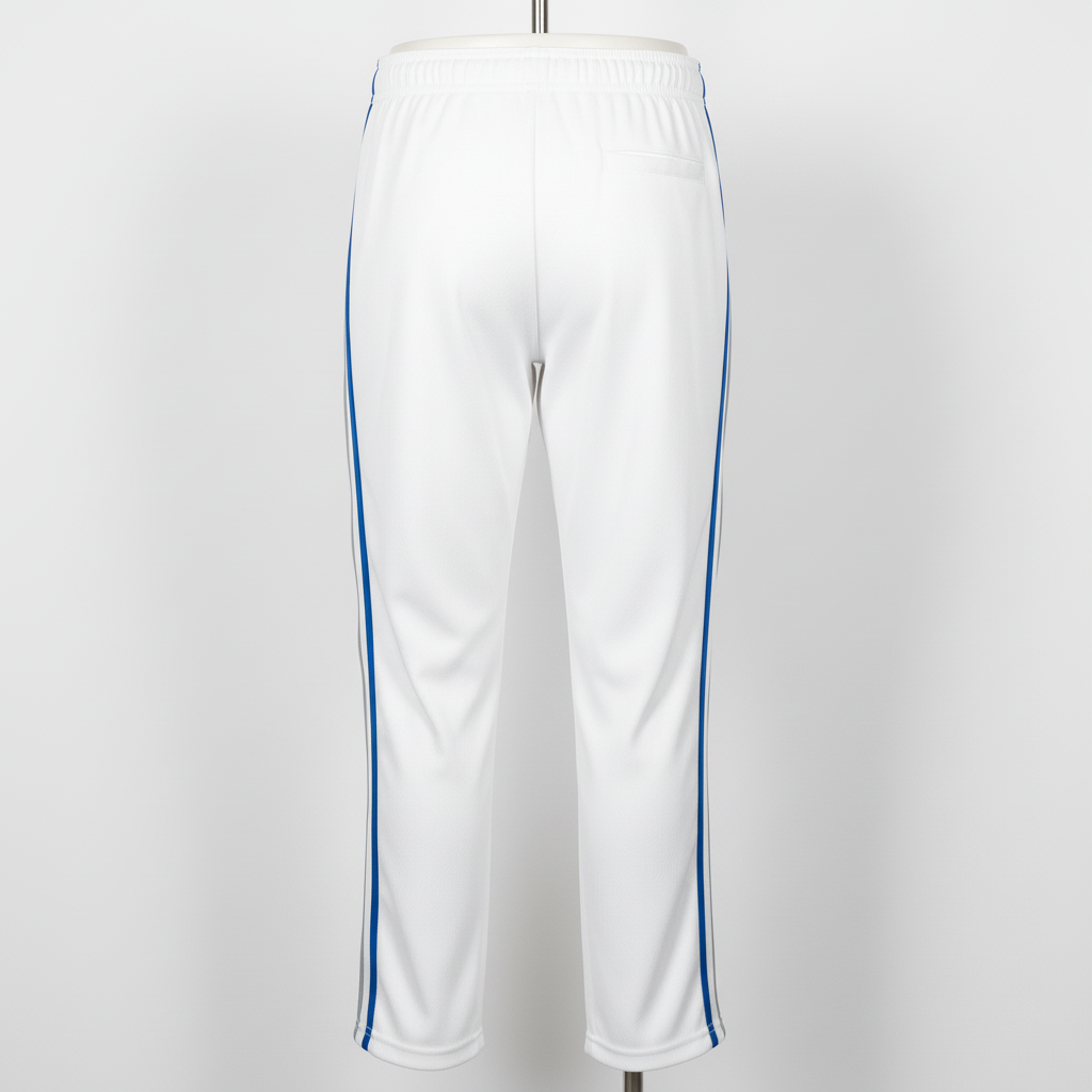 Back view of custom piped softball pants showing the belt-loop waistband and contrast side piping