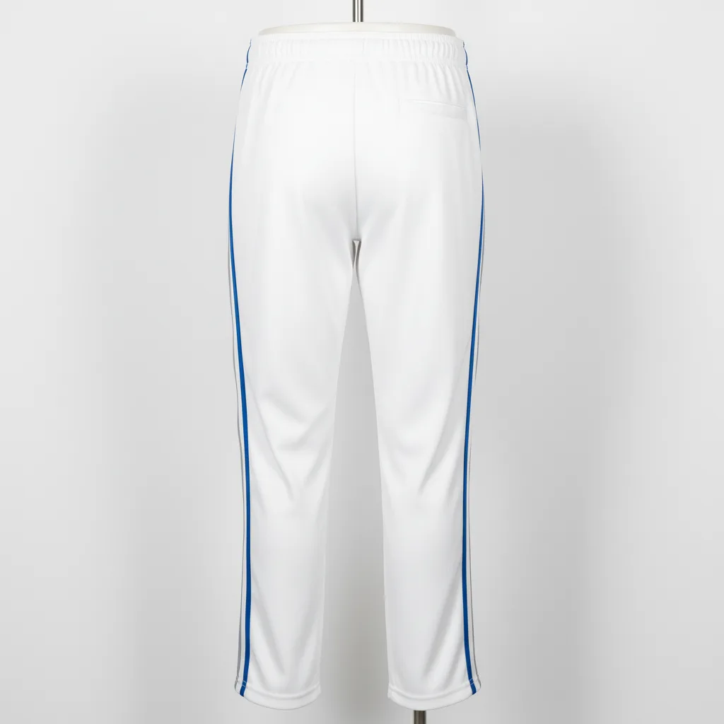 Back view of custom piped softball pants showing the belt-loop waistband and contrast side piping