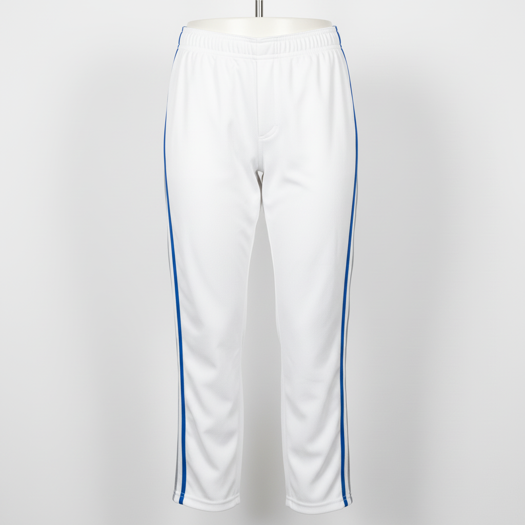 Front view of custom piped softball pants in 240 GSM polyester double-knit with contrast soutache piping down each leg from Empire Five Athletics
