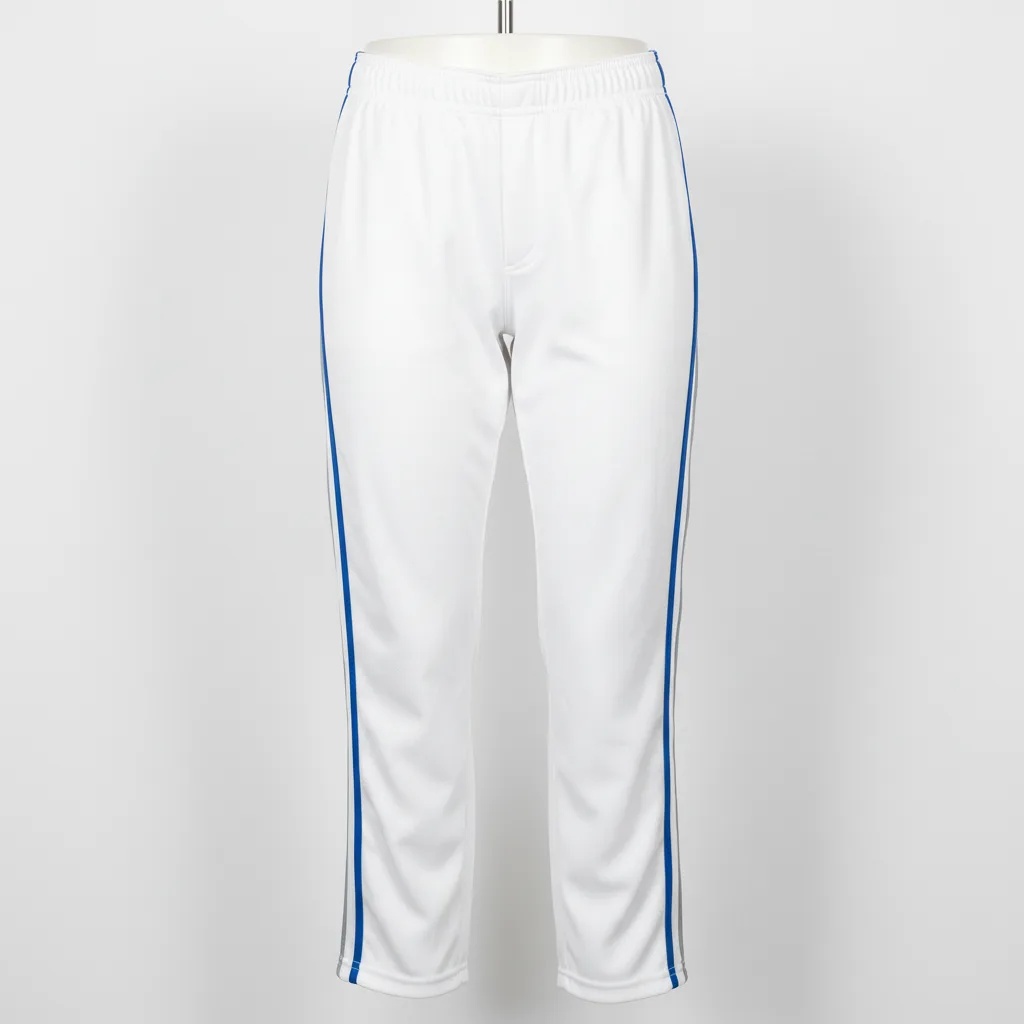 Front view of custom piped softball pants in 240 GSM polyester double-knit with contrast soutache piping down each leg from Empire Five Athletics