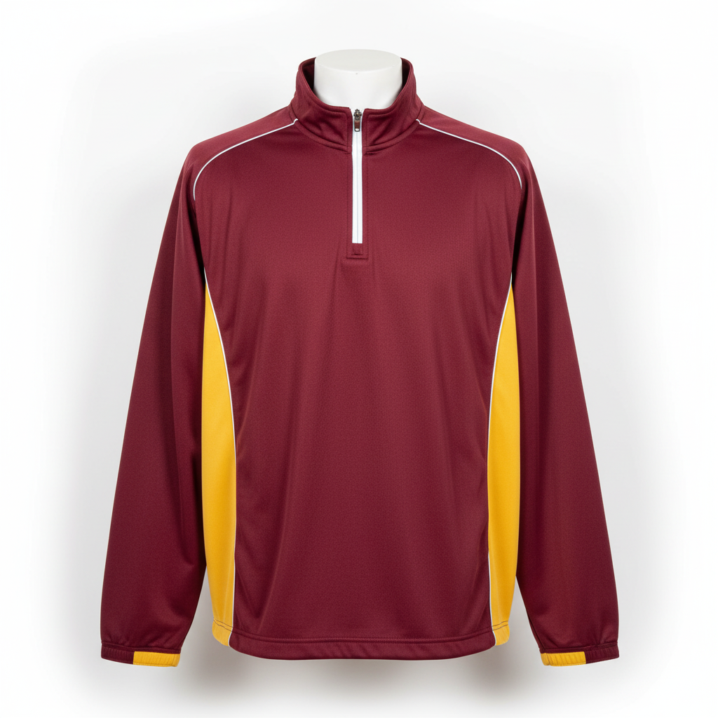 Front view of custom pullover softball batting jacket in lightweight polyester tricot with a short neck zip, ribbed cuffs, and sublimated team colorway from Empire Five Athletics