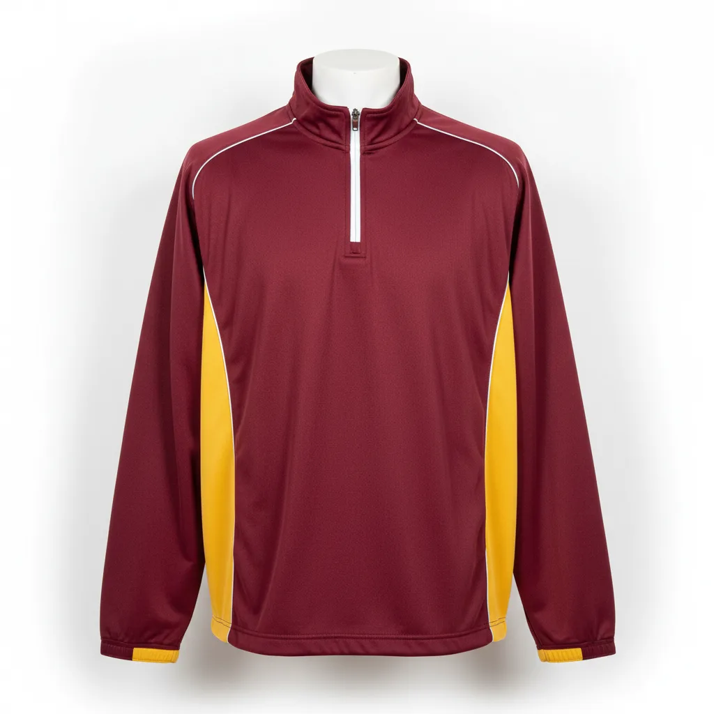 Front view of custom pullover softball batting jacket in lightweight polyester tricot with a short neck zip, ribbed cuffs, and sublimated team colorway from Empire Five Athletics
