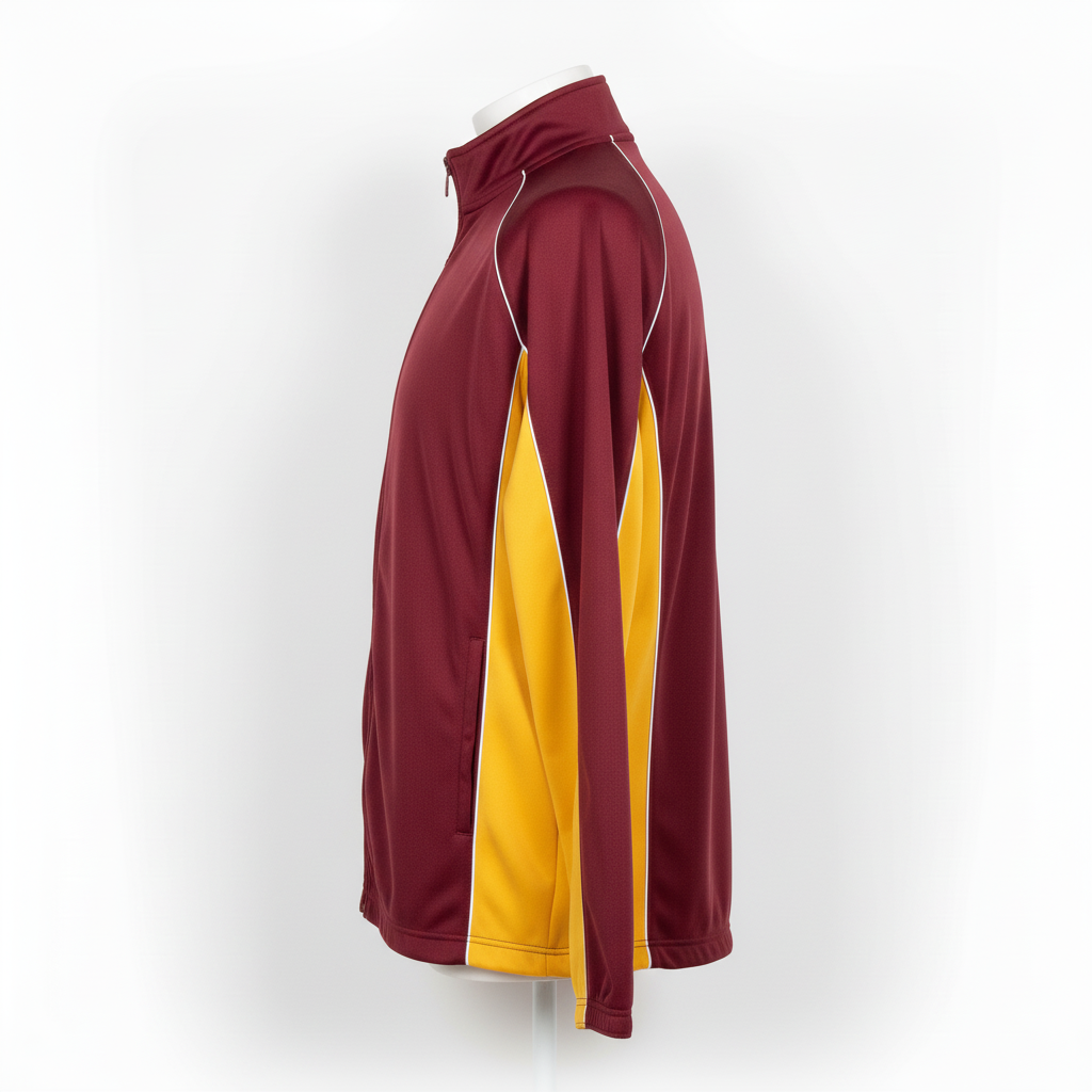 Side view of custom pullover softball batting jacket showing the hip-length active cut, full sleeve sublimation, and ribbed cuff