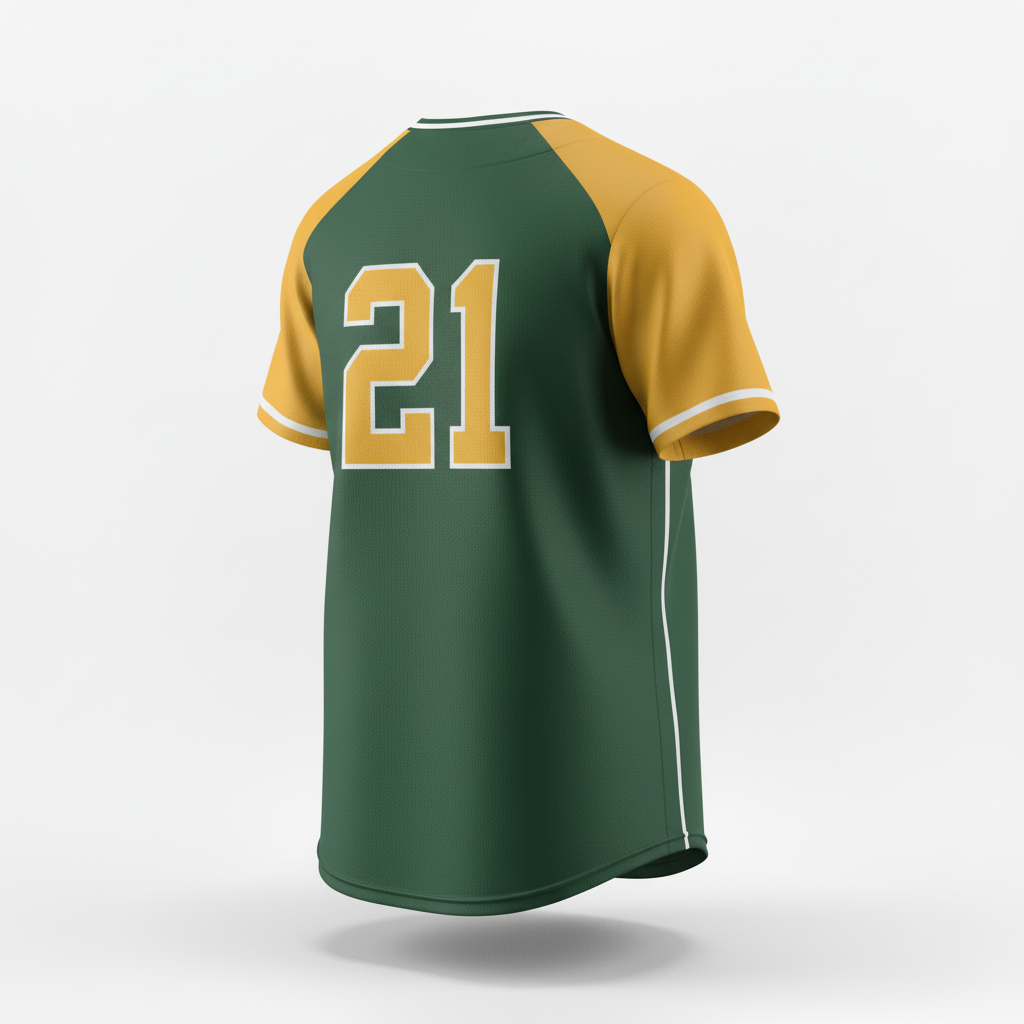 Back view of custom raglan softball jersey showing the player name arched above a large back number