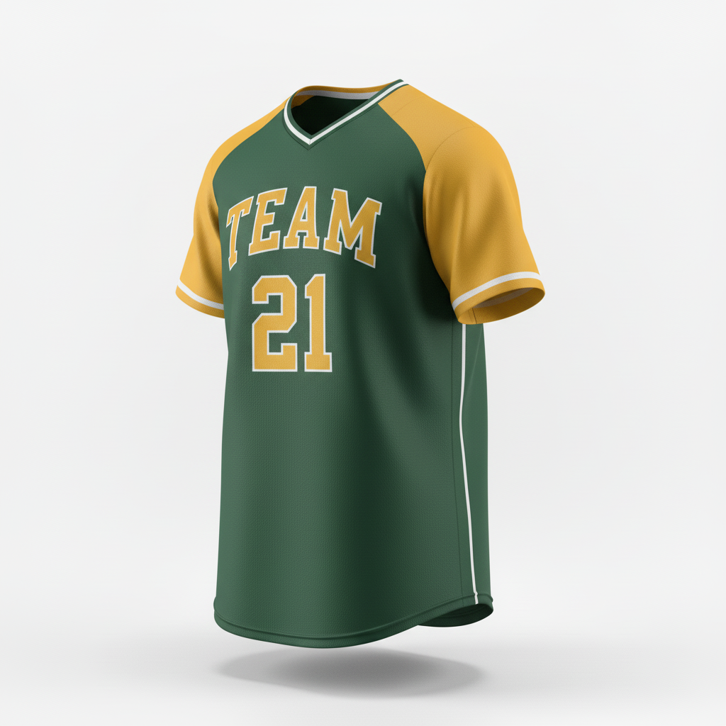 Front view of custom raglan softball jersey with contrast raglan sleeves and a diagonal shoulder seam in 200 GSM polyester double-knit from Empire Five Athletics