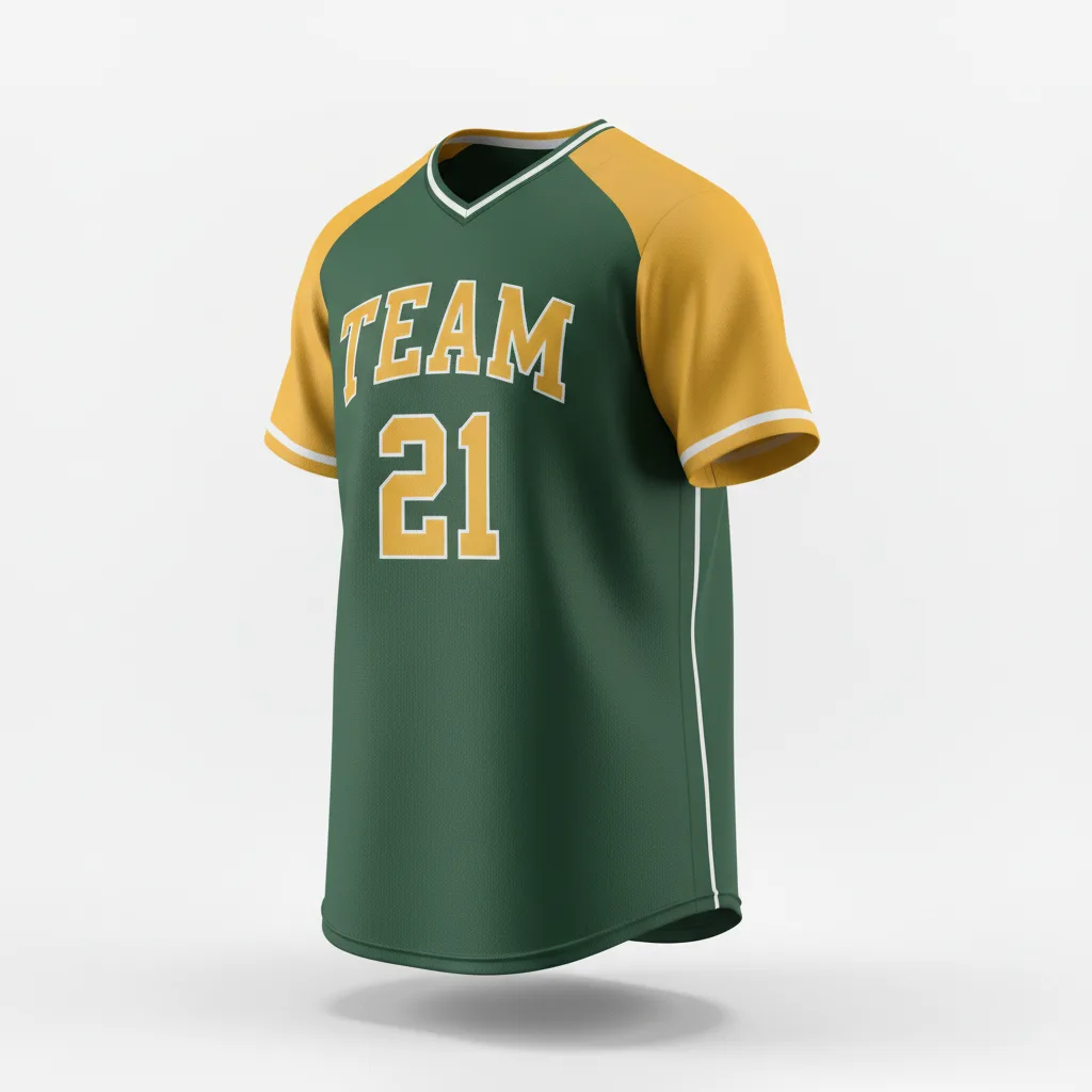 Front view of custom raglan softball jersey with contrast raglan sleeves and a diagonal shoulder seam in 200 GSM polyester double-knit from Empire Five Athletics