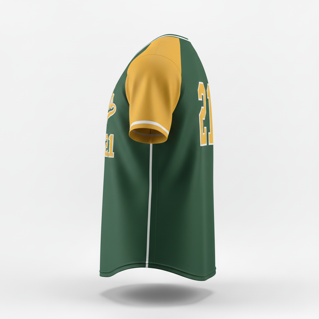 Side view of custom raglan softball jersey showing the diagonal raglan sleeve seam and double-knit body