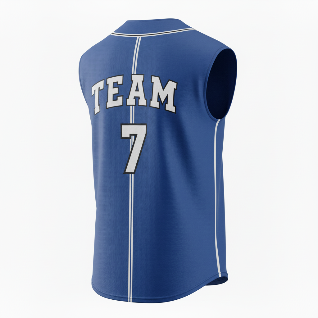 Back view of custom sleeveless softball jersey showing the player name arched above a large back number