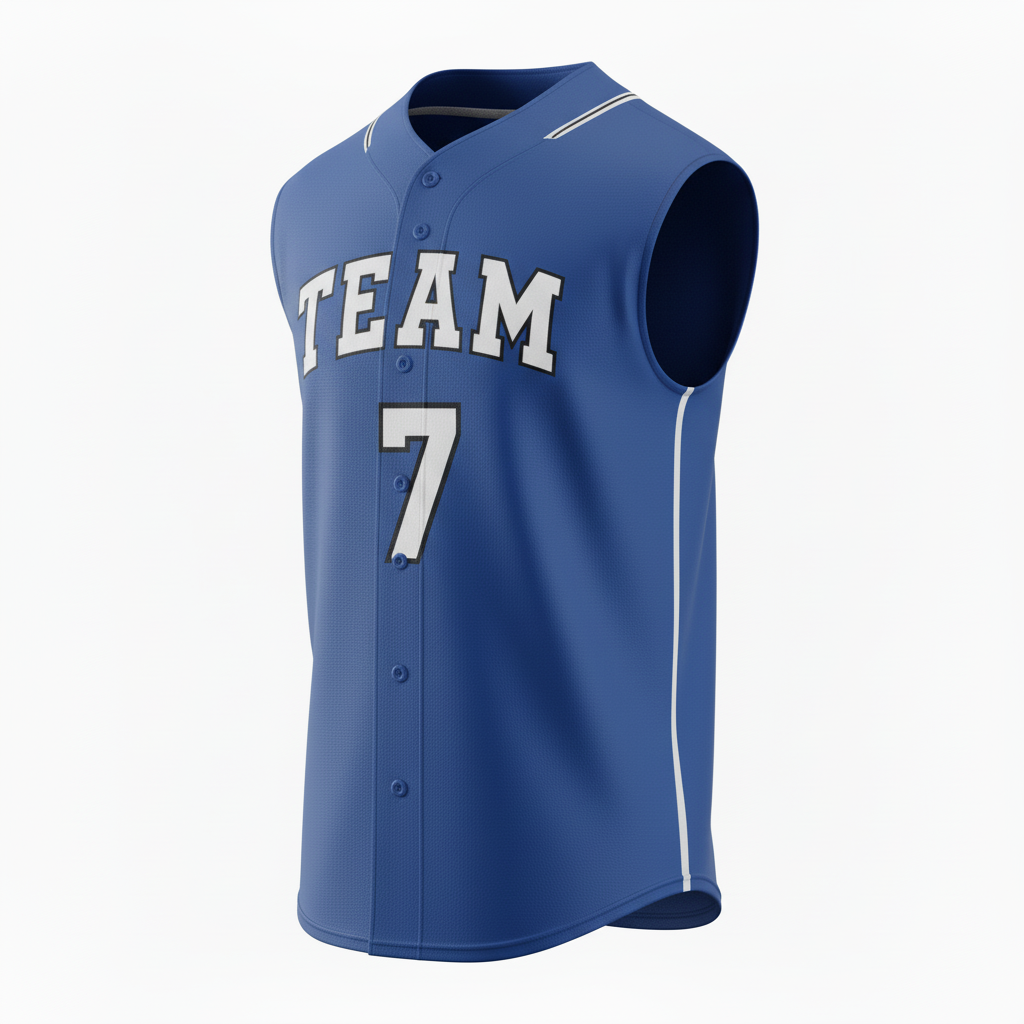 Front view of custom sleeveless softball jersey with clean muscle-style armholes in 200 GSM polyester double-knit from Empire Five Athletics