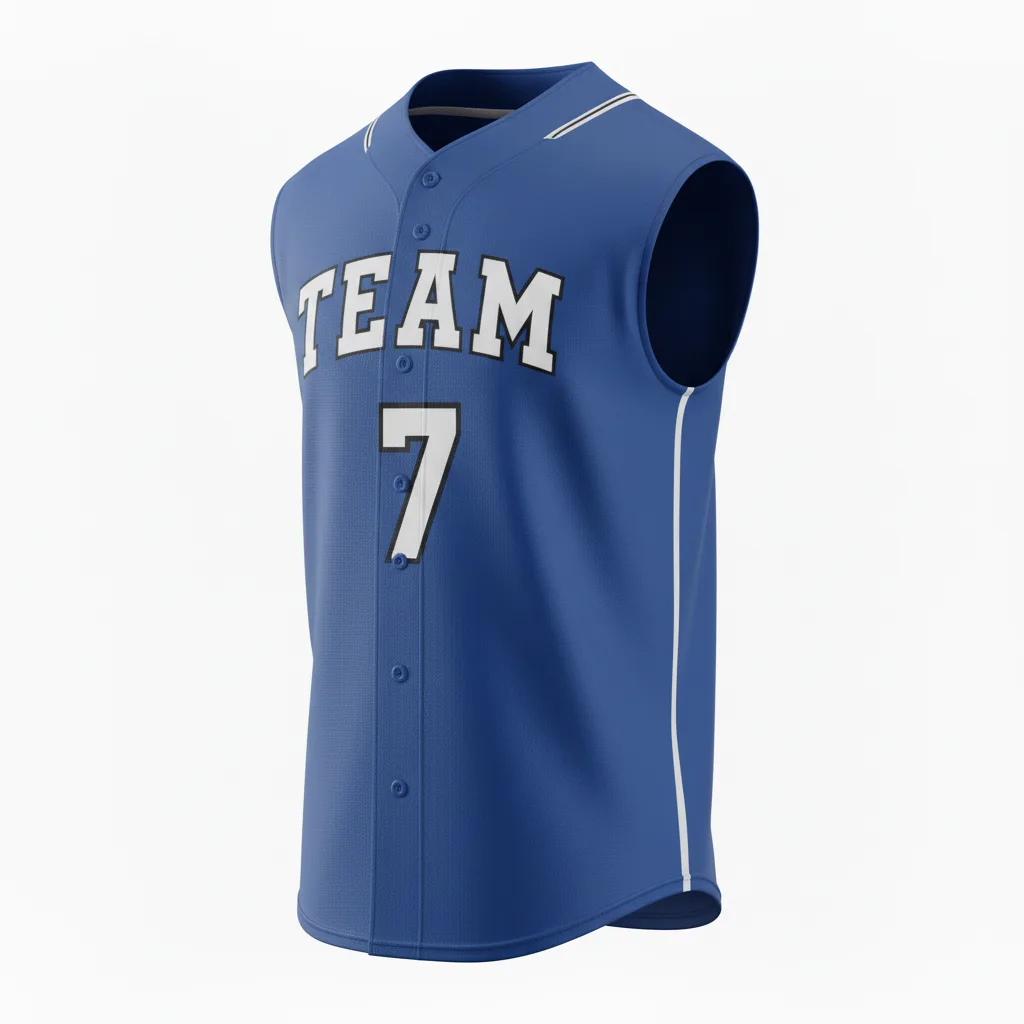 Front view of custom sleeveless softball jersey with clean muscle-style armholes in 200 GSM polyester double-knit from Empire Five Athletics