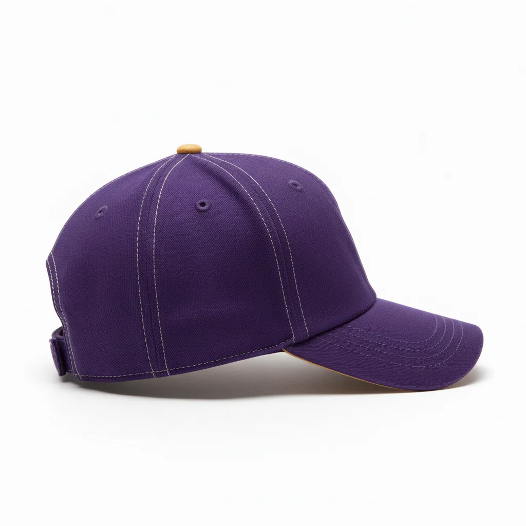Side view of custom softball cap showing the curved brim, structured front panel, and side embroidery