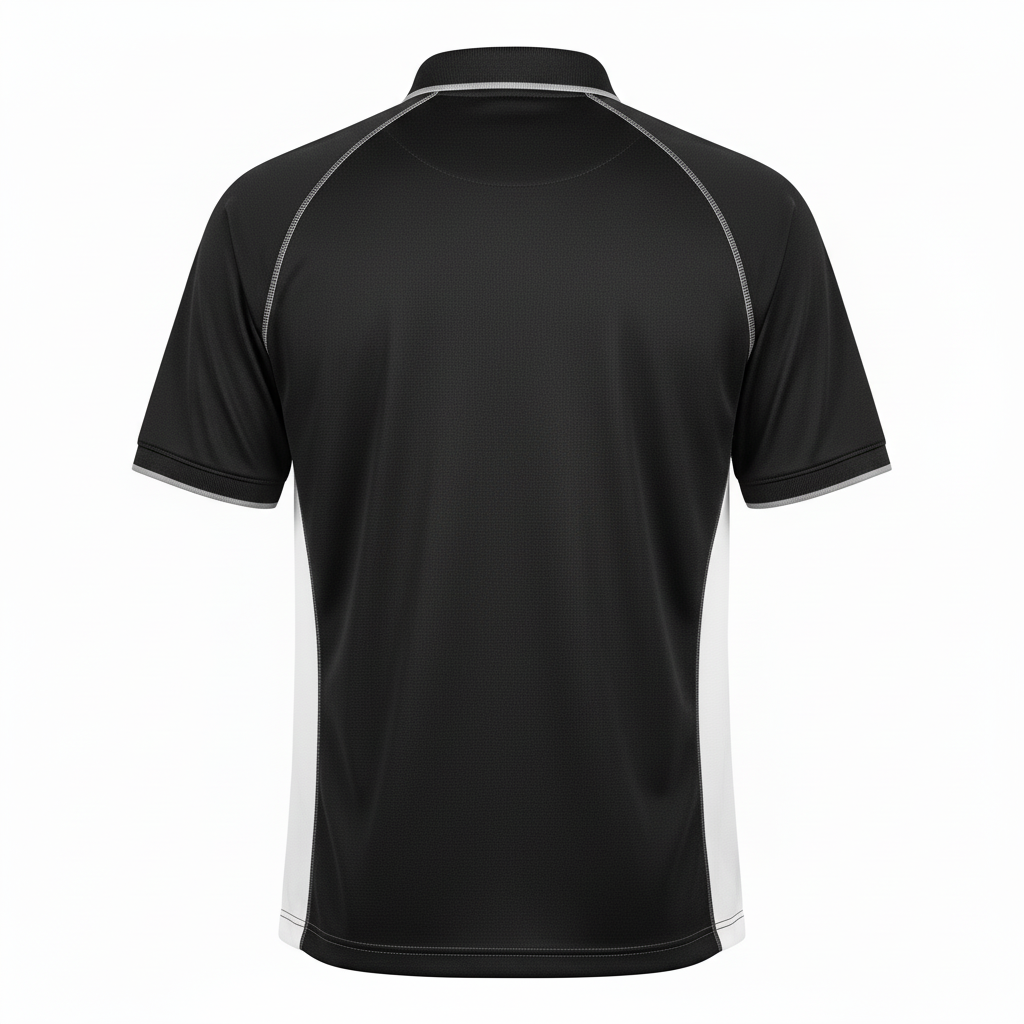 Back view of custom softball coaches polo showing the upper-back team name placement
