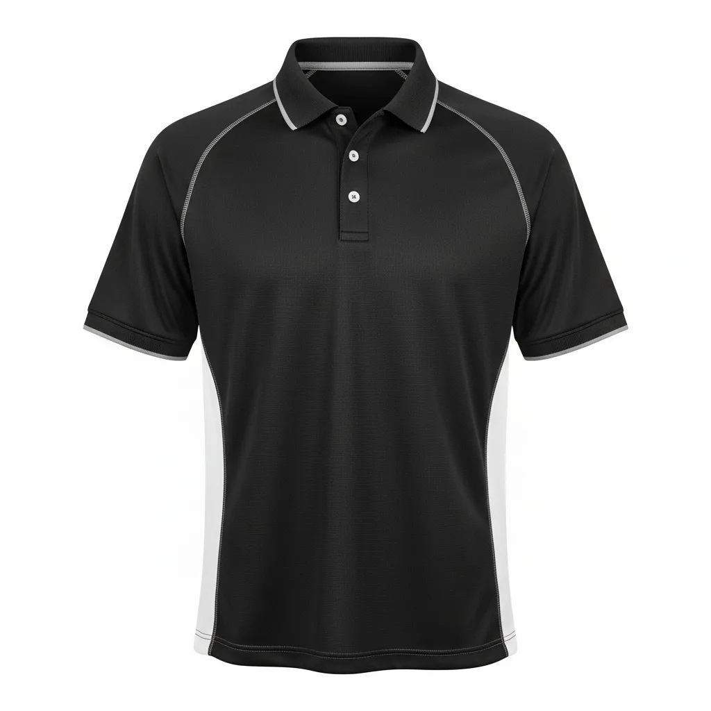 Front view of custom softball coaches polo in moisture-wicking polyester piqué with tipped collar, 3-button placket, and embroidered team logo from Empire Five Athletics