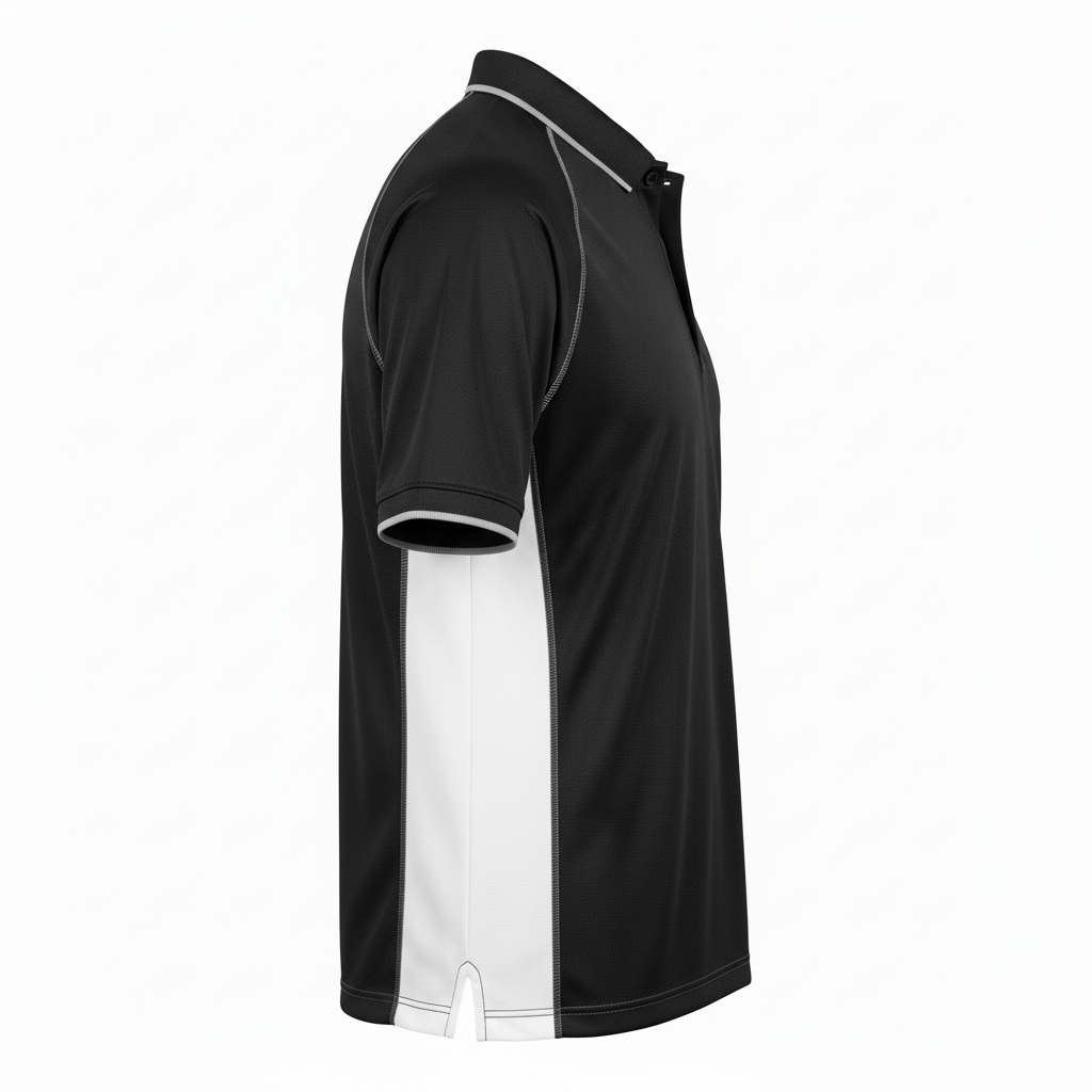 Side view of custom softball coaches polo showing the tipped collar, side vent, and fuller representative fit