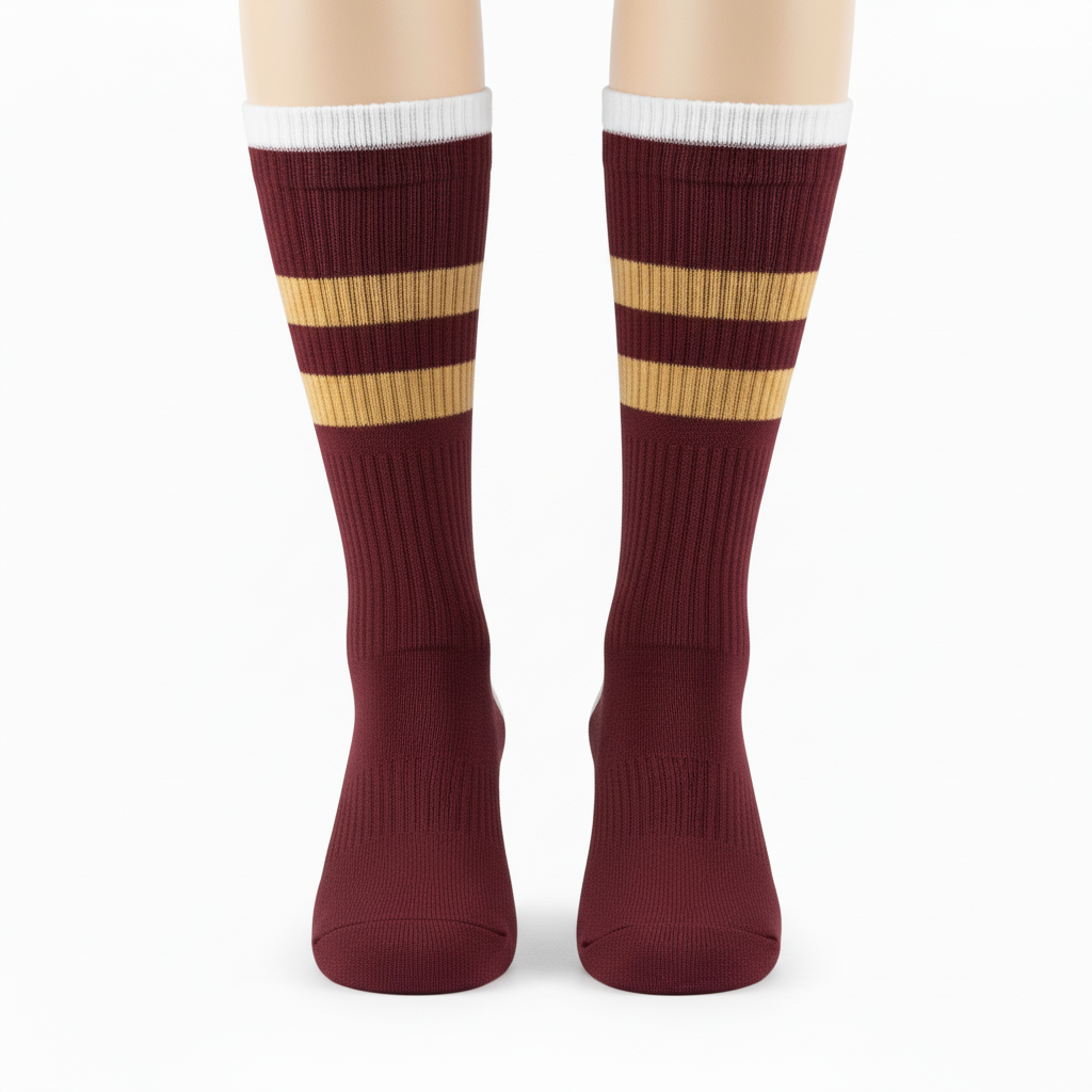 Front view of custom softball crew socks in polyester-nylon-spandex knit with yarn-dyed team color bands from Empire Five Athletics