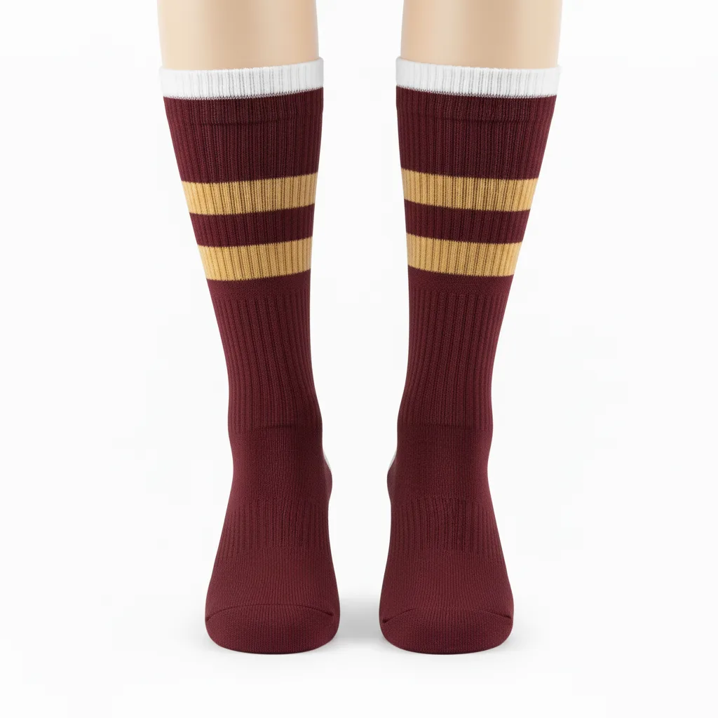 Front view of custom softball crew socks in polyester-nylon-spandex knit with yarn-dyed team color bands from Empire Five Athletics