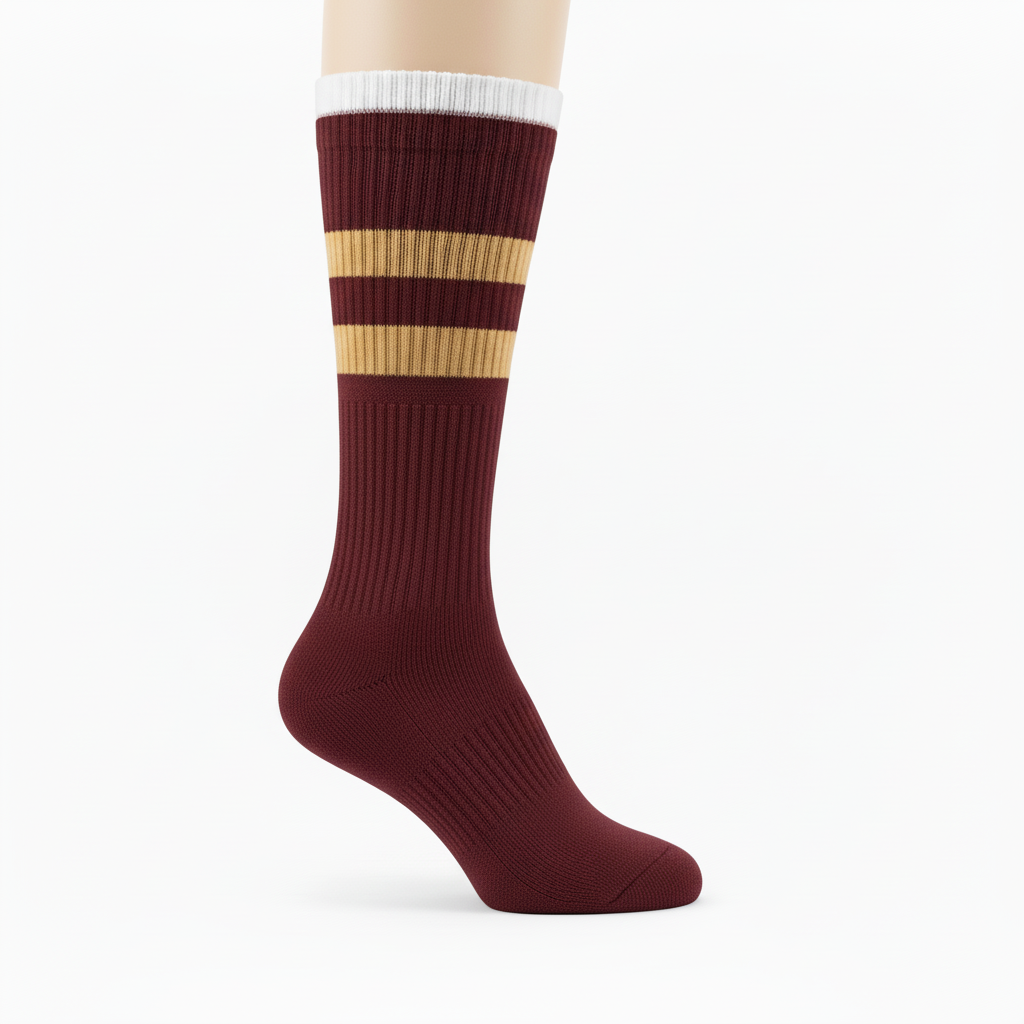 Side view of custom softball crew socks showing the yarn-dyed pattern and reinforced foot-bed