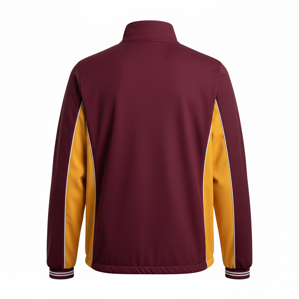 Back view of custom softball dugout jacket showing the full-panel sublimation area for a team mark on the insulated bench coat