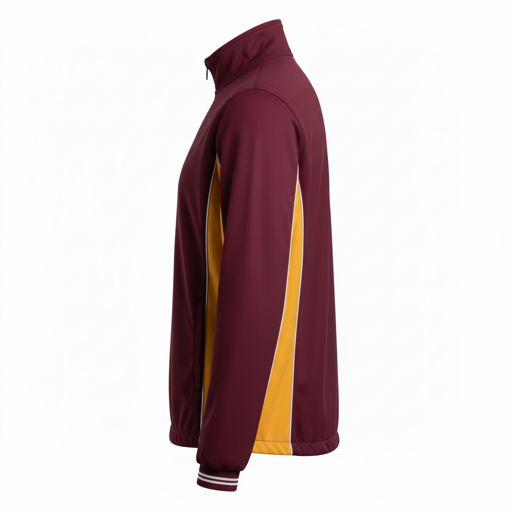 Side view of custom softball dugout jacket showing the thigh-length insulated cut and quilted panels