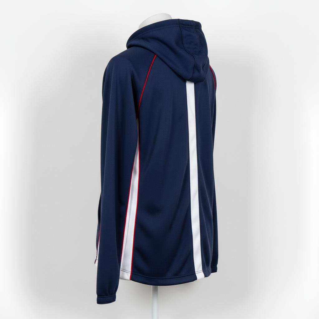 Back view of custom softball hooded sweatshirt showing team name arch and tackle-twill mark