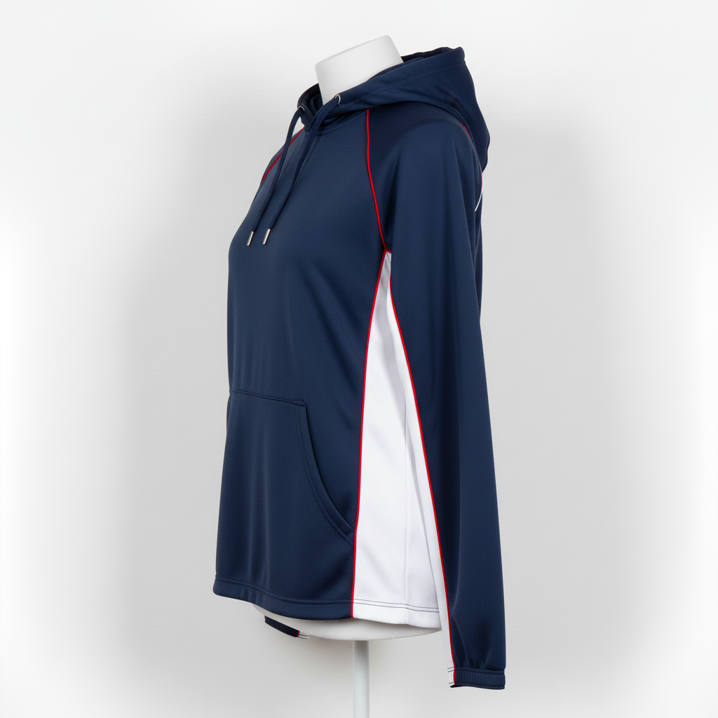 Front view of custom softball hooded sweatshirt with embroidered team logo on chest and kangaroo pocket in 320 GSM cotton-poly fleece from Empire Five Athletics