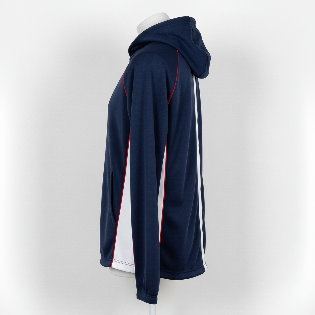 Side view of custom softball hooded sweatshirt showing the drawstring hood and ribbed cuff construction