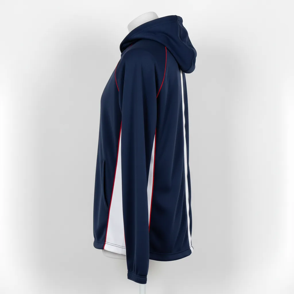 Side view of custom softball hooded sweatshirt showing the drawstring hood and ribbed cuff construction