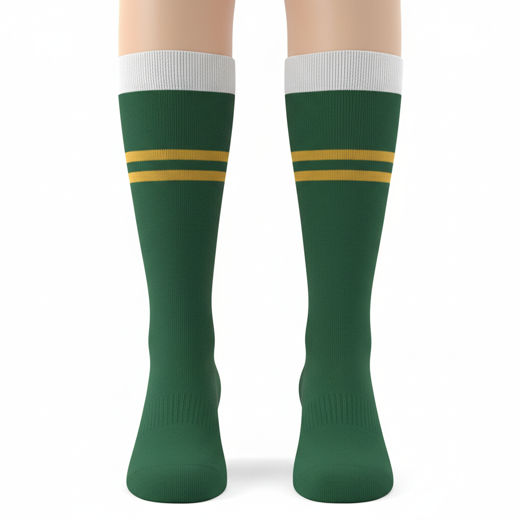 Front view of custom softball knee-high socks in polyester-nylon-spandex knit with yarn-dyed team color stripes from Empire Five Athletics