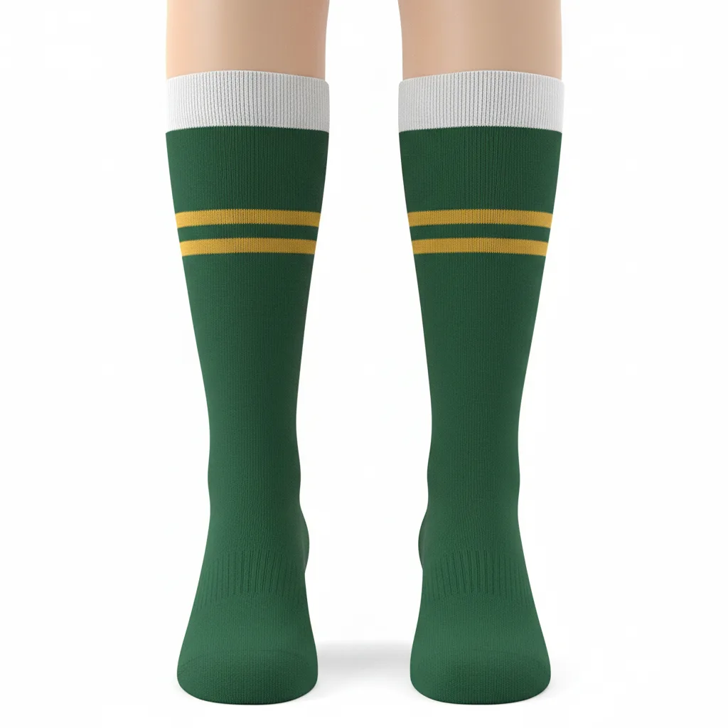 Front view of custom softball knee-high socks in polyester-nylon-spandex knit with yarn-dyed team color stripes from Empire Five Athletics