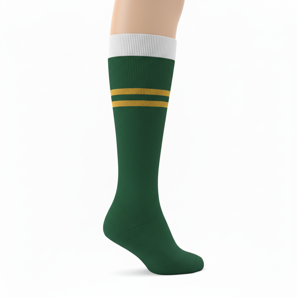 Side view of custom softball knee-high socks showing the yarn-dyed striping pattern and reinforced foot-bed