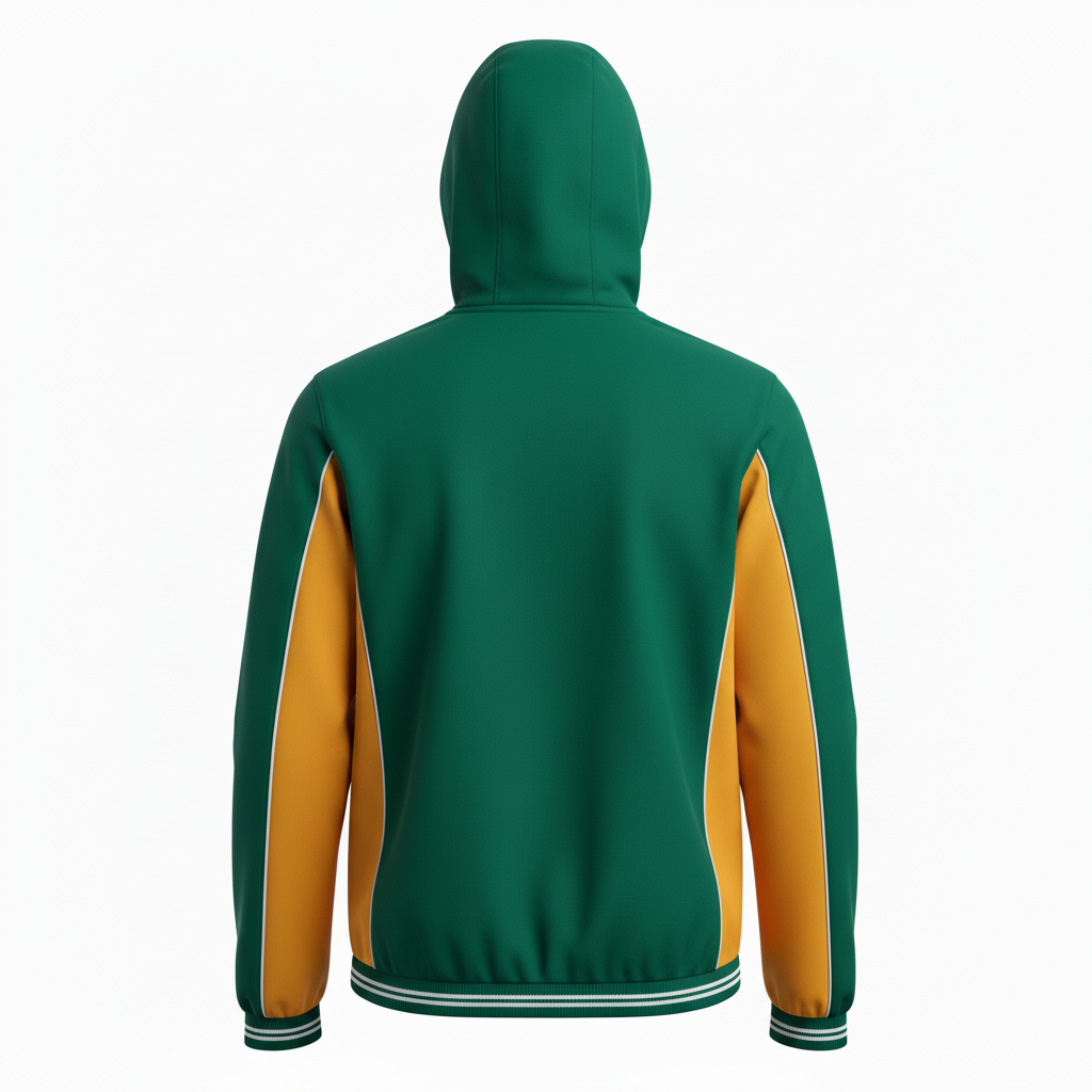Back view of custom softball rain jacket showing the full-panel sublimation area for a team mark and the hooded wet-weather shell