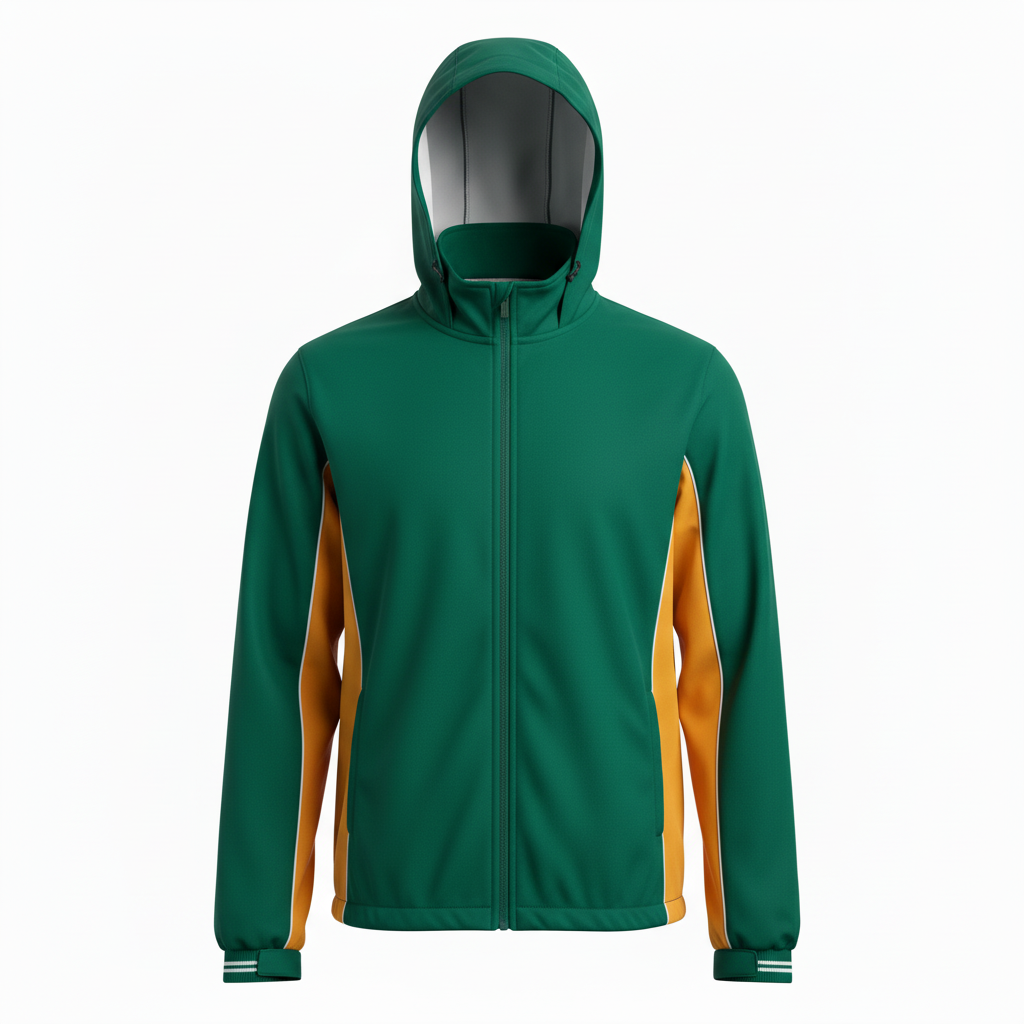 Front view of custom softball rain jacket in water-resistant ripstop polyester with full-zip storm flap, packable hood, and sublimated team colorway from Empire Five Athletics