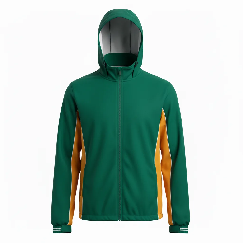 Front view of custom softball rain jacket in water-resistant ripstop polyester with full-zip storm flap, packable hood, and sublimated team colorway from Empire Five Athletics