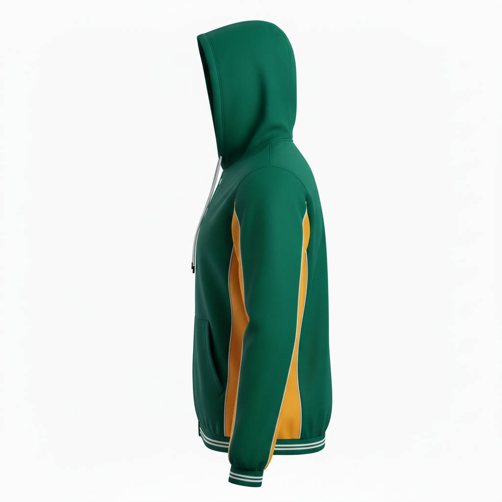 Side view of custom softball rain jacket showing the hip-length cut, taped seams, and packable hood